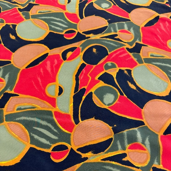 Vintage Abstract Silk Scarf – Red/Green/Gold Geometric Pattern - Hand Rolled - Picture 6 of 7